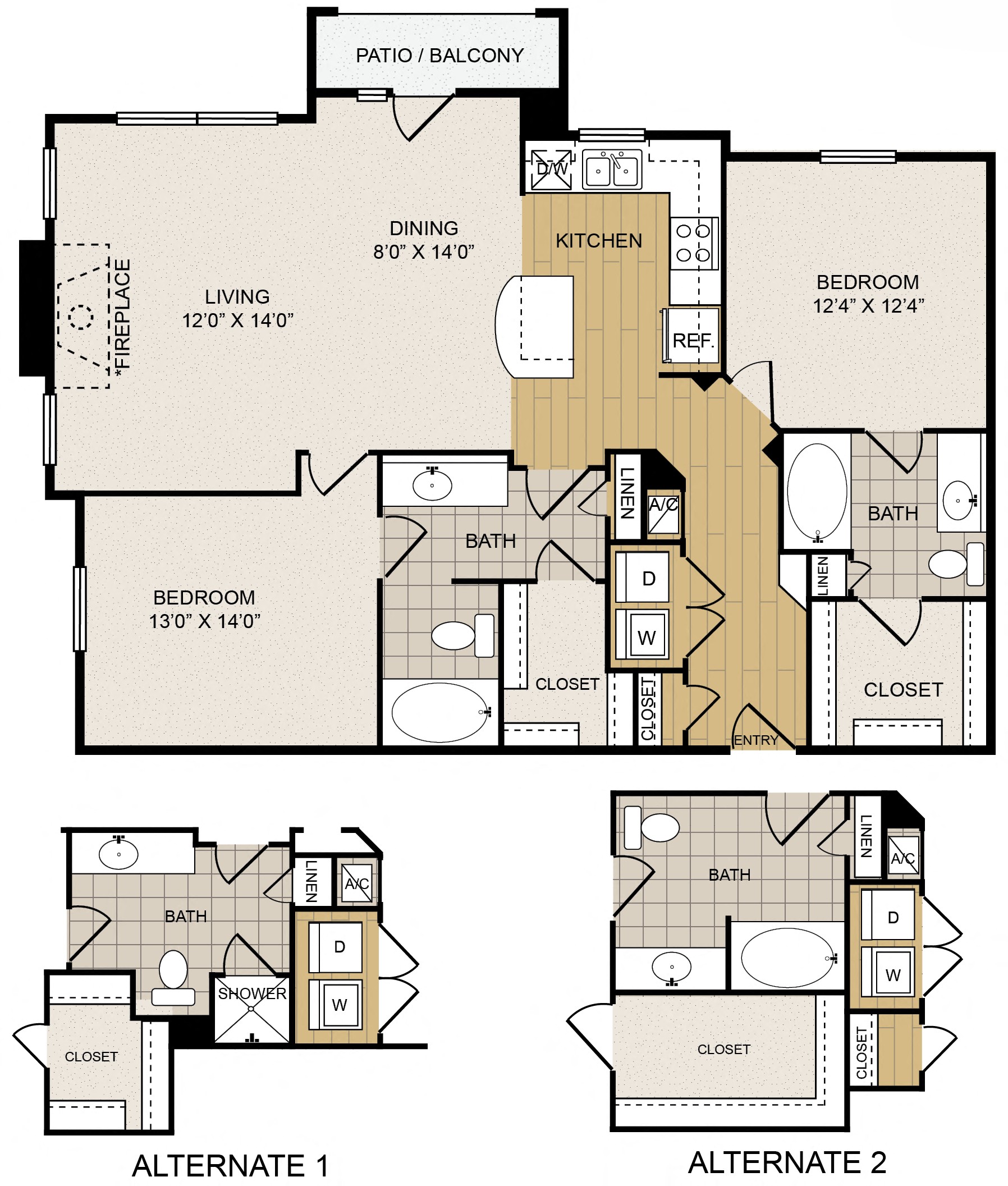 Floor plan for 2 beds, 2 baths, 1214 sqft